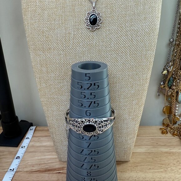 Silver-Tone Bracelet & Pendant Necklace Set With Black Oval Stones, Mourning - Picture 6 of 14